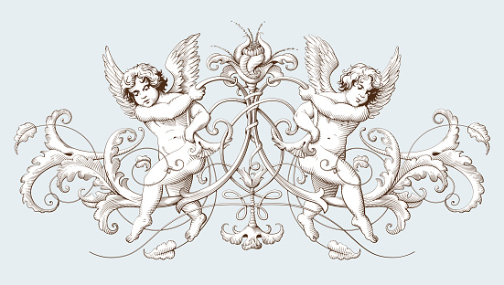 Cupids with baroque ornament in old engraving style.