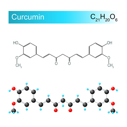 Curcumin molecular formula. Chemical structural formula and model of a chemical produced by plants of the Curcuma longa species. Vector illustration