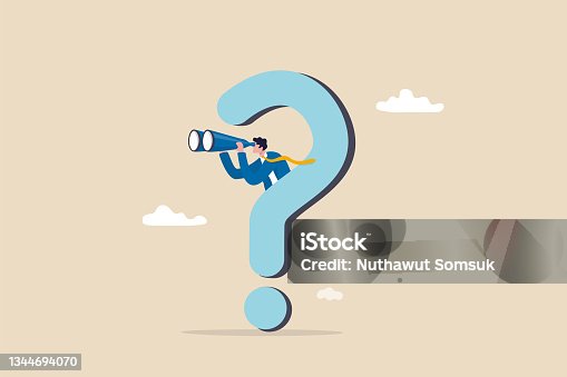 istock Curiosity explore unknown, search for solution or new business opportunity, seek for success concept, curios businessman with huge question mark look through binoculars to search for new business idea 1344694070