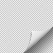 Curled corner of paper with shadow on transparent background. Vector illustration.