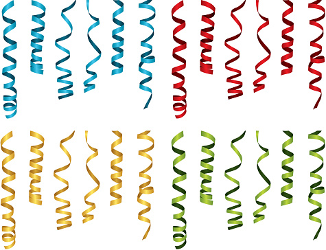Curled party ribbons in blue, red, yellow, and green