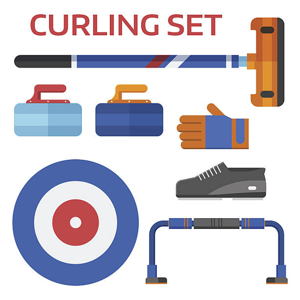 stockillustraties, clipart, cartoons en iconen met curling equipment set - curling