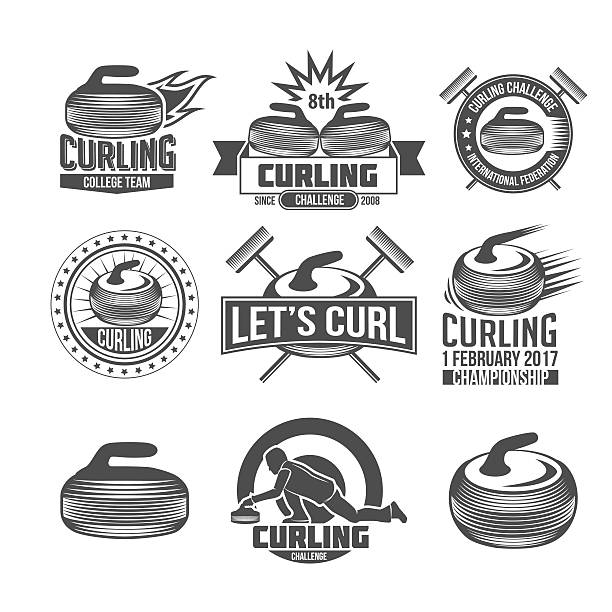 stockillustraties, clipart, cartoons en iconen met curling sport badges set - curling