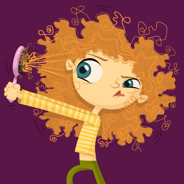 Curly hair struggles vector art illustration