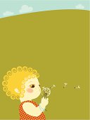 A blonde girl holds dandelion on the sky background. 