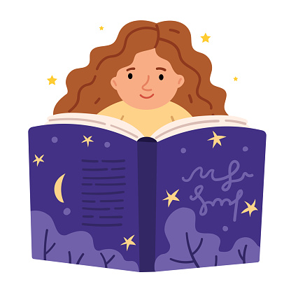 Curly red-haired girl reads a big fantasy book. Reading before bed.Children's book illustration.