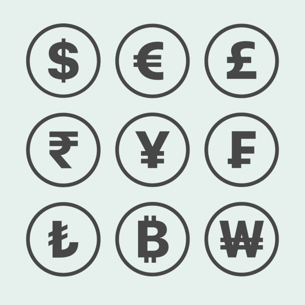 Currency exchange sign icons. Flat design. Vector. Dollar, euro, pound sterling, rupee, yen, franc, lira, bitcoin, won symbols in circles. currency symbol stock illustrations
