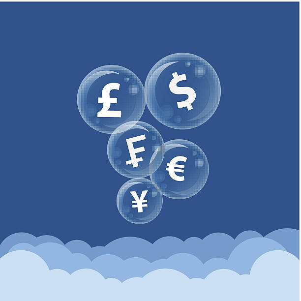ilustrações de stock, clip art, desenhos animados e ícones de símbolo monetário de pensamento na nuvem - notas euros voar