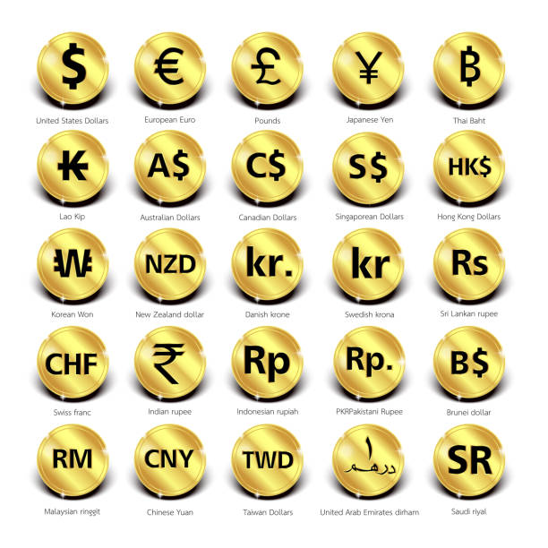 bildbanksillustrationer, clip art samt tecknat material och ikoner med 25 valuta symboler, länder och deras namn runt om i världen - svenska pengar