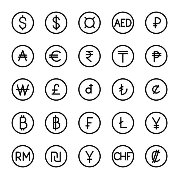 Currency symbols set. 25 main world currencies. Pixel perfect, editable stroke icons vector art illustration