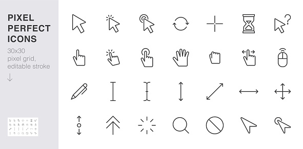 Cursor line icon set. mouse click, hand tap, arrow pointer, type here, scroll, hourglass, finger minimal vector illustration. Simple outline sign for selection. 30x30 Pixel Perfect Editable Stroke.