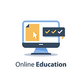 Education online course, web training class, distant exam, tutorial access, cursor on computer monitor, submit document file, registration and enrollment, vector icon