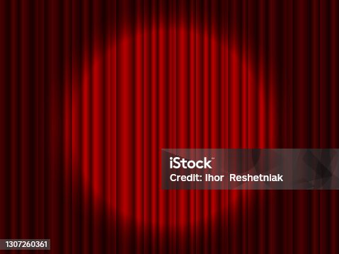 istock Curtain on stage. Red background with spotlight in theater or cinema. Red closed velvet curtain for circus, theatre, scene, club. Background wirh light of projector for ceremony on broadway. Vector. 1307260361