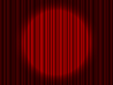 Curtain on stage. Red background with spotlight in theater or cinema. Red closed velvet curtain for circus, theatre, scene and club. Background wirh light of projector for ceremony on broadway. Vector