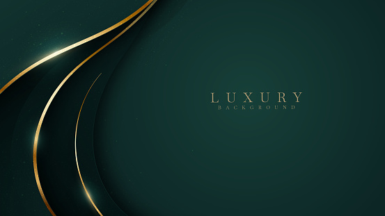 Curve golden line on dark green shade background. Luxury realistic concept. 3d paper cut style.