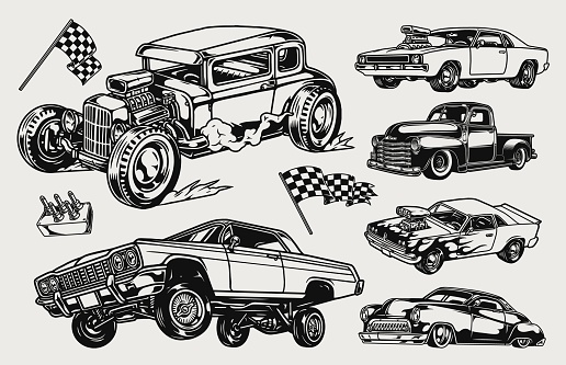 Custom cars vintage concept with pickup truck hot rod classic retro low rider muscle automobiles racing checkered flags lowrider suspension remote control isolated. vector illustration