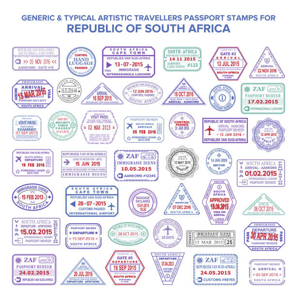 пользовательский вектор типичных художественных паспортов прибытия и отъезда марки вариации, установленные для республики - south africa stock illustrations