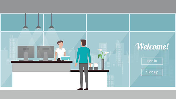 Customer at the reception Customer at the reception, a female receptionist is welcoming and registering him, windows and city skyline on background modern office stock illustrations