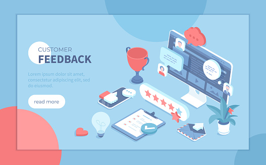 Customer feedback. Five star feedback, site rating, high-ranking concept. Different reviews and comments from clients on the monitor screen. Isometric vector illustration for banner, website.