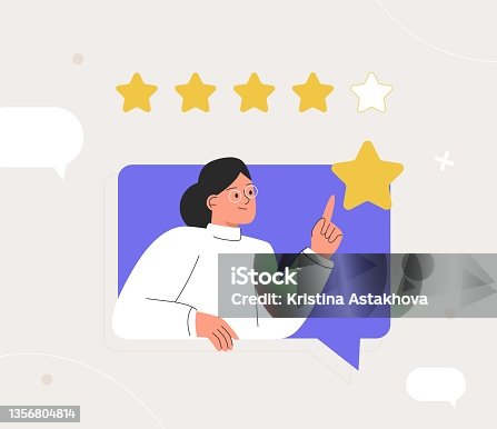 istock Customer feedback review with give 5 star rating. Customer woman review and user rating five stars from dialog box in the application. Flat style vector illustration. 1356804814