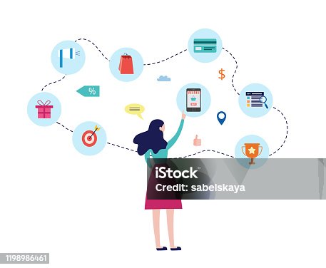 istock Customer journey a woman making choice online, flat vector illustration isolated. 1198986461