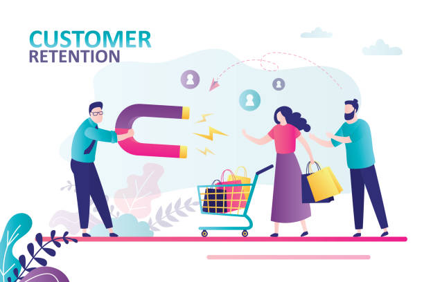 Customer retention, concept. Social media marketing. Entrepreneur use magnet. Businessman attracts consumers. Clients with shopping bags Customer retention, concept. Social media marketing. Entrepreneur use magnet. Businessman attracts consumers. Clients with shopping bags and cart. Promotion campaign. Trendy style vector illustration client retention stock illustrations