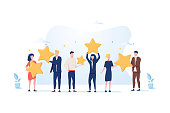 Customer review rating. Different People give review rating and feedback. Flat vector illustration. Customer choice. Know your client concept. Rank rating stars feedback. Business satisfaction support