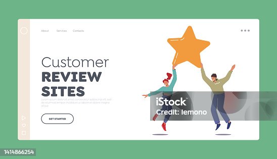 istock Customer Review Sites Landing Page Template. Recommendation, User Rating Star. Man and Woman Hold Yellow Star 1414866254