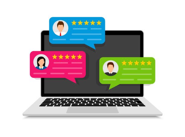 Customer reviews. User reviews bubble on laptop. Feedback, experience concept. Online review notifications with star ratings. Flat style. Vector illustration. Customer reviews. User reviews bubble on laptop. Feedback, experience concept. Online review notifications with star ratings. Flat style. Vector illustration. rating illustrations stock illustrations