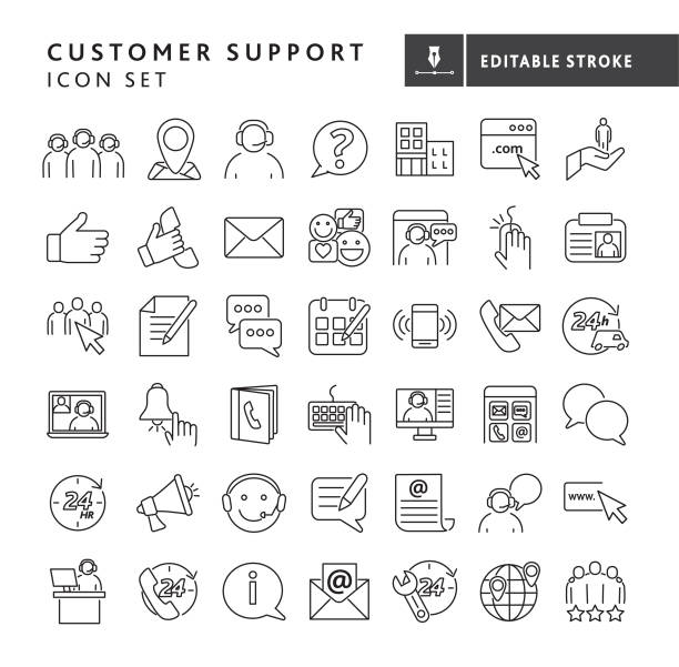 Customer service and Contact information big thin line Icon set - editable stroke Vector illustration of a big set of 43 Customer support and contact line icons. Includes team, location, questions, location, world wide web, support, social media icons, phone, envelope, text messaging, mouse click, id badge, speech bubbles, calendar, phone ringing, 24 hr services, online customer service, reminder button, phonebook, typing on keyboard, megaphone, writing a letter, info button, mail, worldwide locations, star rating and many more with no white box below. Fully editable stroke outline for easy editing. Simple set that includes vector eps and high resolution jpg in download. customer service stock illustrations