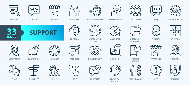 Customer Service and Support - Outline Icon Collection. Thin Line Set contains such Icons as Online Help, Helpdesk, Quick Response, Feedback and more. Simple web icons set.