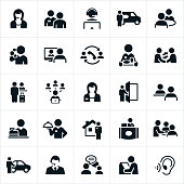 Icons related to the customer service industry. The icons include customer service representatives, store associates, service professionals, waiter, stewardess, restaurant server, receptionists, real estate agent, cashier, chauffeur, online chat and computer kiosk to name a few.