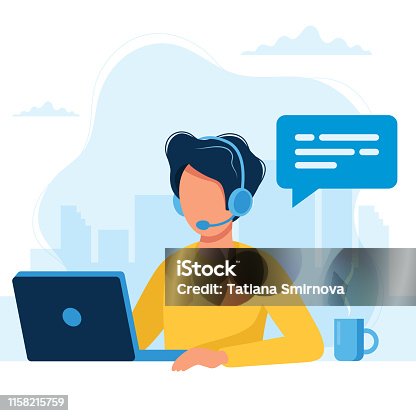 istock Customer service. Man with headphones and microphone with laptop. Concept illustration for support, call center. 1158215759