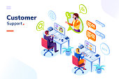 Customer service people office or isometric call center room. Man support and woman phone assistant, Operator with headset doing live feedback. Online user or client support centre. Work, job, hotline