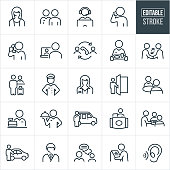 A set of customer service icons that include editable strokes or outlines using the EPS vector file. The icons include a male customer service representative, a female customer service representative, CSR on computer, customer talking on the phone, a CSR talking on the phone, online support, phone support, waitress, waiter, handshake, hotel checkin, bellhop, agent, doorman, clerk, shuttle bus, cashier, kiosk, chat, chauffeur and other related icons.