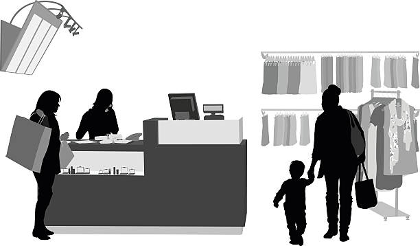Customer Service A vector silhouette illustration of the checkout at a clothing store.  A cashier rings up the purchase of a mature woman.  A mother holds the hand of her toddler. store silhouettes stock illustrations