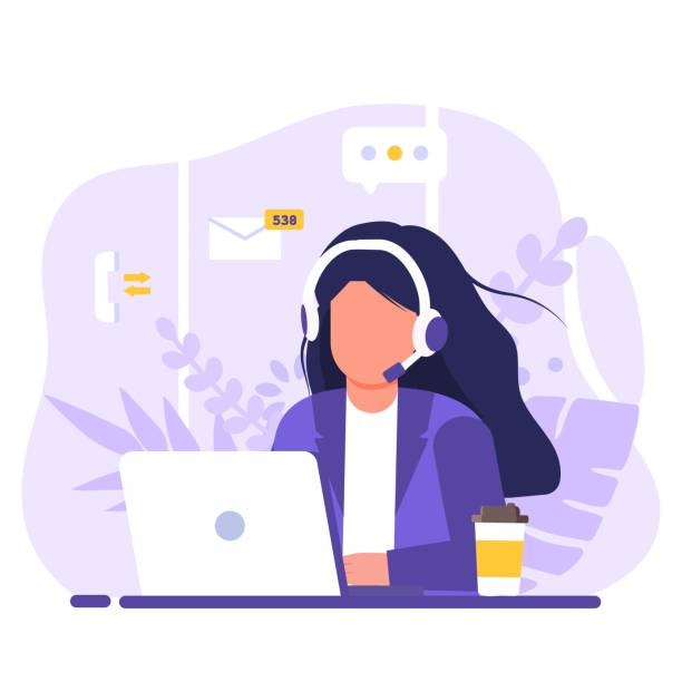 Customer service, woman with long hair sitting at table with a laptop, with headphones and a microphone, around icons support elements, coffee and flowers . Flat style vector illustration. Customer service, woman with long hair sitting at table with a laptop, with headphones and a microphone, around icons support elements, coffee and flowers . Flat style vector illustration. sound recording equipment illustrations stock illustrations