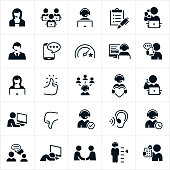A set of customer support icons. The icons include a male and female customer support representative, administrative assistant, CSR answering the telephone, workers sitting at their computers, survey, rating from a smart phone, customers, thumb up, thumbs down customer support representatives with wearing headsets, listening ear, support rep talking on mobile phone, worker asleep at computer, support rep and customer communicating back and forth, handshake and other related icons.