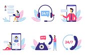 Customer support. Personal assistant service, person advisor and helpful advice services. Social media network services, online supporter agents. Isolated flat vector illustration icons set