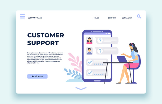 Customer support. Personal assistant, technical support operator help clients in chat on smartphone screen landing page vector illustration