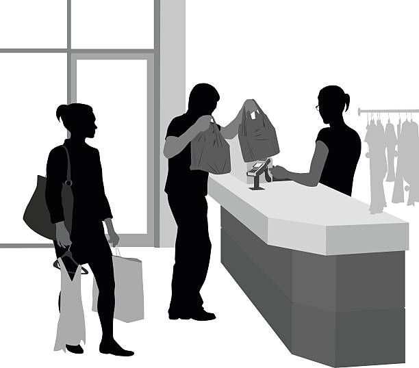 Customer Waiting To Pay For Clothes A vector silhouette illustration of a young man taking away his shopping bags from the young, female cashier who just rang up his purchase at a clothing store.  Another young female waits her turn. shopping silhouettes stock illustrations