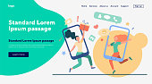 Customers sharing references and earning money. Mobile phones users chatting, exchanging gifts. Vector illustration for refer a friend, referrals, loyalty program, marketing concept
