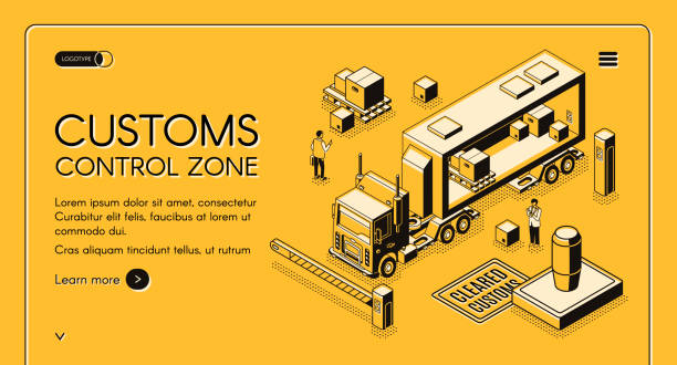 Customs control zone isometric vector website Customs control zone online services isometric vector web banner with customs officers inspecting commercial cargo crossing state border on truck line art illustration. Enforcement agency landing page truck borders stock illustrations