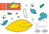 Cut and glue paper toy. Preschool kids vector educational worksheet. Diy model with funny fish character