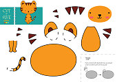 Cut and glue paper vector toy. Cute tiger character as a cardboard cutout model. Educational puzzle worksheet