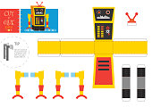 Cut and glue robot toy vector illustration. Paper craft and diy riddle with funny robotic character for preschool kids. Cutout activity for children