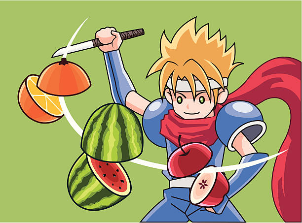stockillustraties, clipart, cartoons en iconen met cut fruit - manga boy action