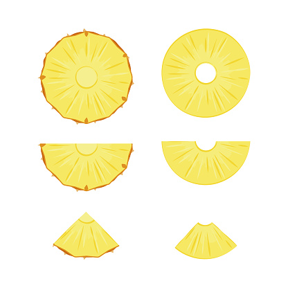 Cut slices of ripe yellow pineapple on a white background.