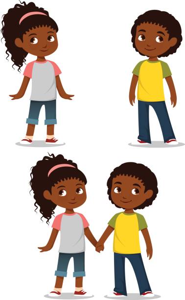 ilustraciones, imágenes clip art, dibujos animados e iconos de stock de lindos niños afroamericanos en ropa casual - twins