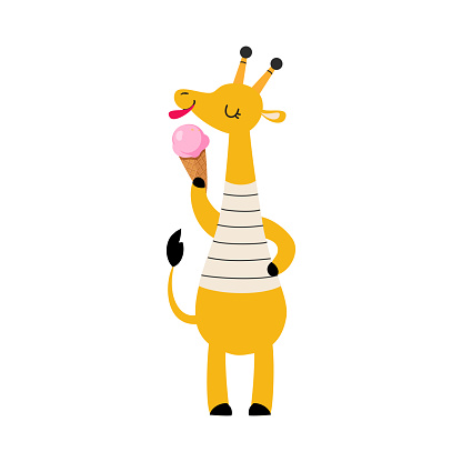 Cute African Giraffe Animal in Striped Vest Eating Ice Cream in Waffle Cone Enjoying Hot Summer Activity Vector Illustration